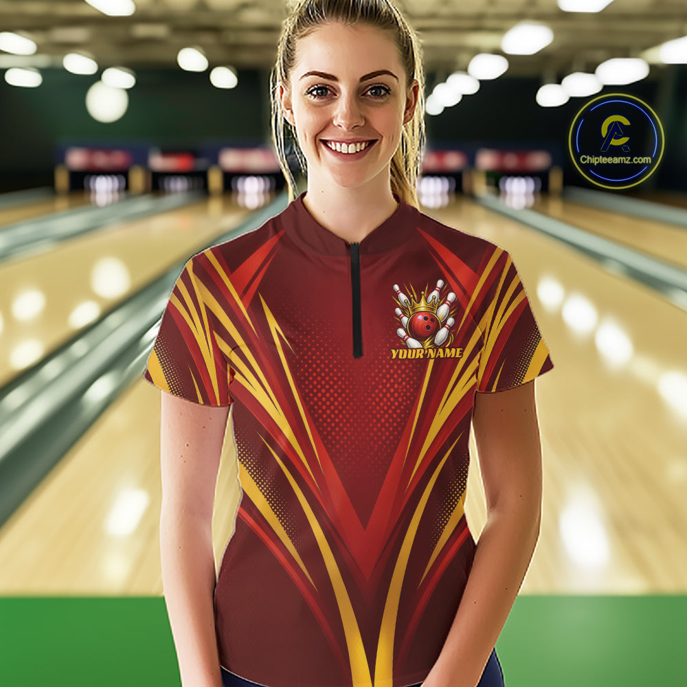 Custom Red And Gold Crowned Bowling Ball Bowling Queen Team Quarter-Zip Shirt