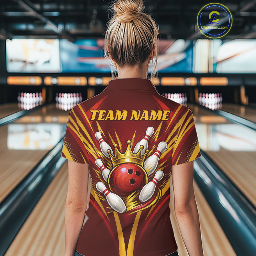 Custom Red And Gold Crowned Bowling Ball Bowling Queen Team Quarter-Zip Shirt