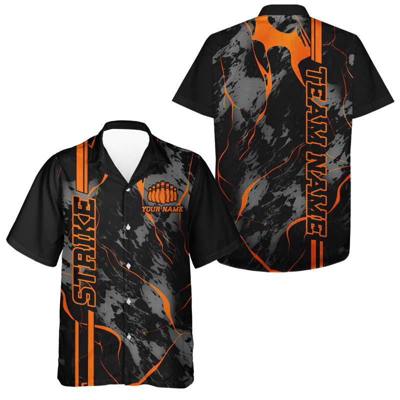 Custom Orange Strike Bowling Hawaiian Shirts, Orange Camo Bowling Team Jerseys