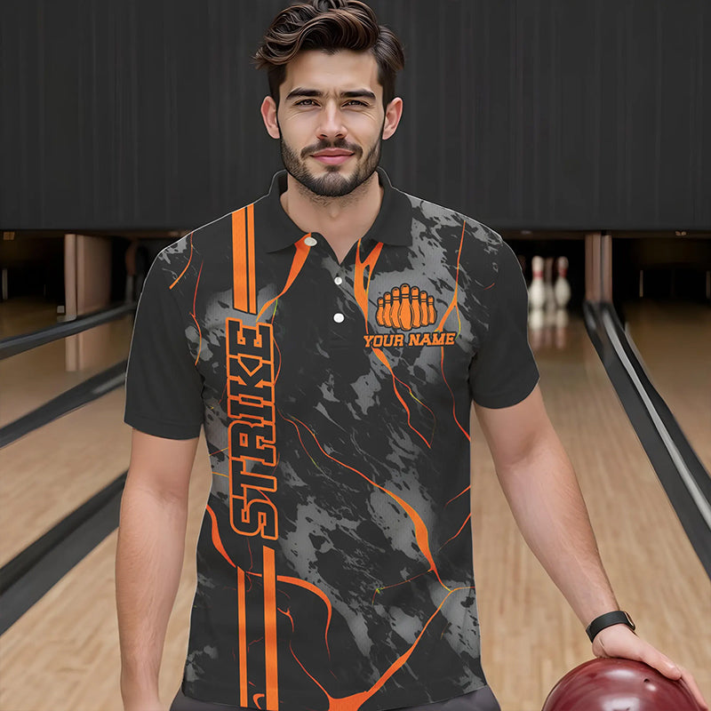 Custom Orange Strike Bowling Shirts Polo Orange Camo Bowling Team Jerseys Bowling League