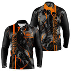 Custom Orange Strike Bowling Long Sleeve Polo Shirts, Orange Camo Bowling Team Jerseys