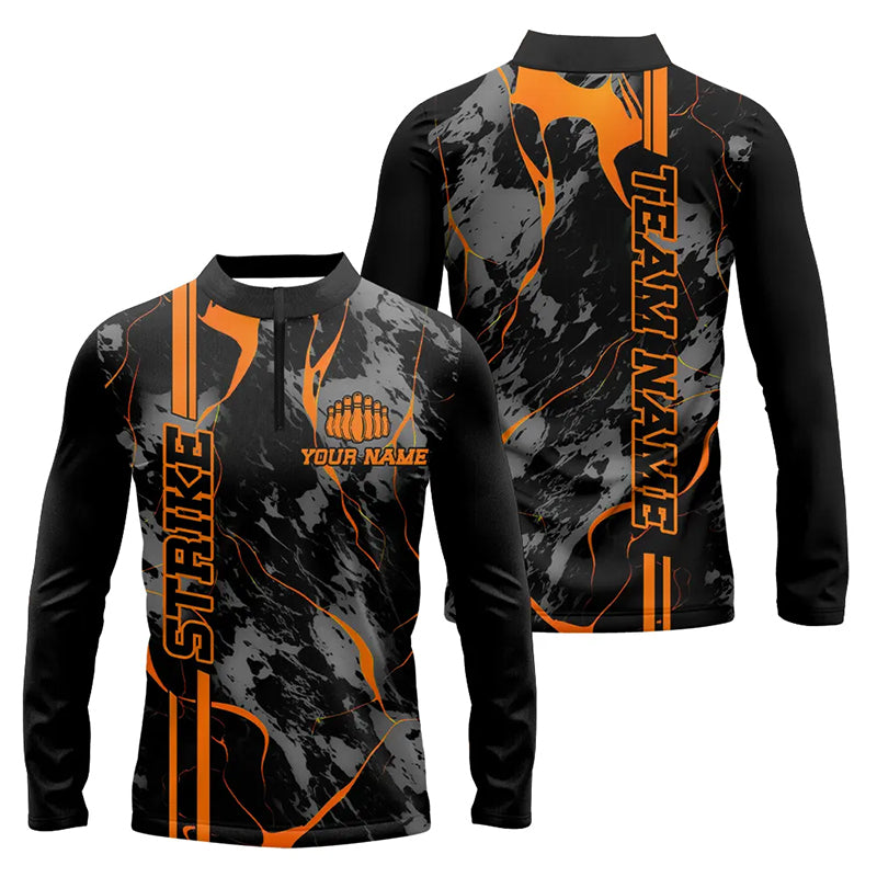 Custom Orange Strike Bowling Long Sleeve Quarter-Zip Shirts, Orange Camo Bowling Team Jerseys