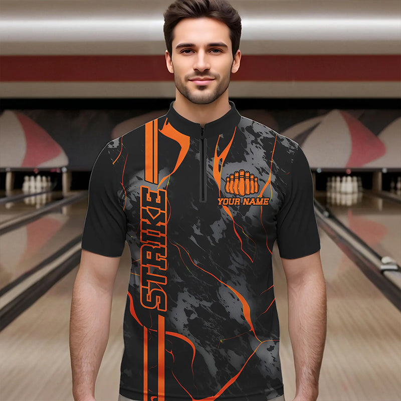 Custom Orange Strike Bowling Shirts Quarter Zip Camo Bowling Team Jerseys Bowling League