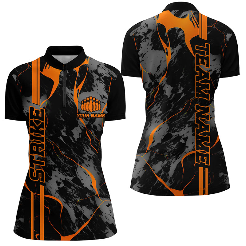 Custom Orange Strike Bowling Shirts Quarter Zip Orange Camo Bowling Team Jerseys