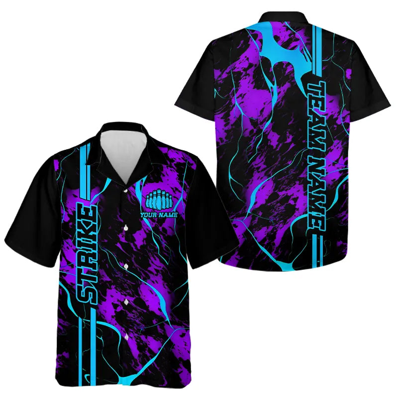 Custom Blue And Purple Strike Bowling Hawaiian Shirts, Camo Bowling Team Jerseys