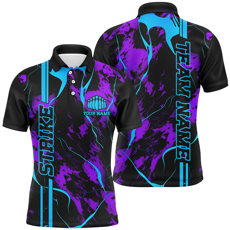Custom Blue And Purple Strike Bowling Shirts Polo Camo Bowling Team Jerseys Bowling League