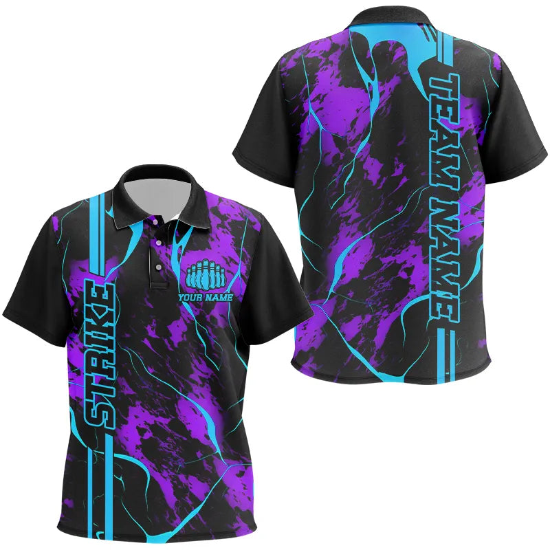 Custom Blue And Purple Strike Bowling Polo Shirts, Camo Bowling Team Jerseys