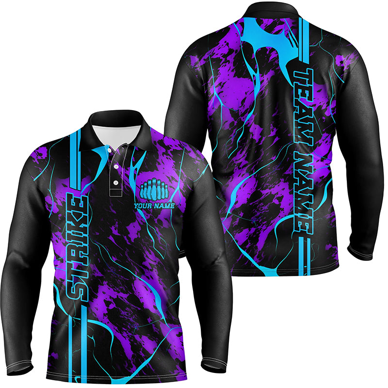 Custom Blue And Purple Camo Strike Bowling Shirts, Bowling Team Uniform With Name