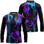 Custom Blue And Purple Camo Strike Bowling Shirts, Bowling Team Uniform With Name