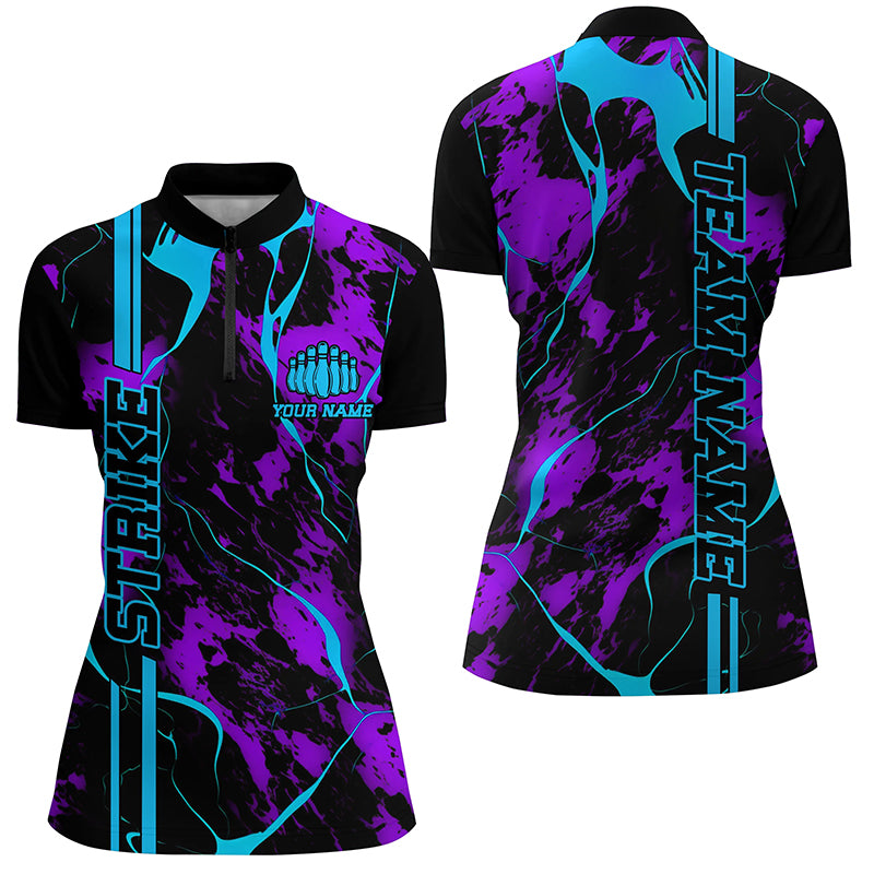 Custom Blue Purple Strike Bowling Shirts Quarter Zip Camo Bowling Team Jerseys