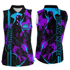 Custom Blue And Purple Camo Strike Bowling Shirts, Bowling Team Uniform With Name
