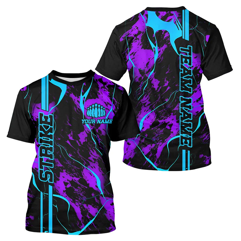 Custom Blue And Purple Strike Bowling T-Shirts, Camo Bowling Team Jerseys
