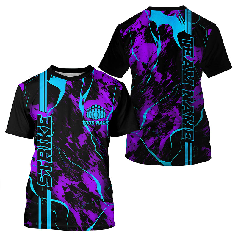 Custom Blue And Purple Camo Strike Bowling T Shirts And, All Over Printed Bowling Team Uniform