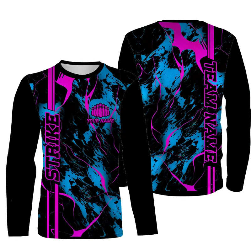 Custom Blue And Pink Strike Bowling Long Sleeve Shirts Camo Bowling Team Jerseys Bowling League