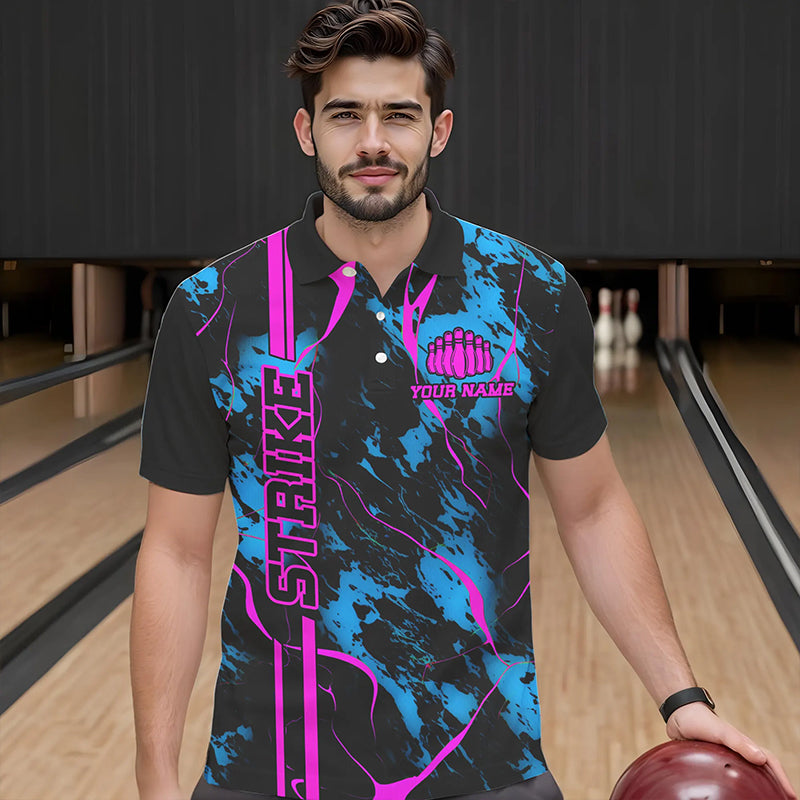 Custom Blue And Pink Strike Bowling Shirts Polo Camo Bowling Team Jerseys Bowling League