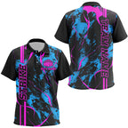 Custom Blue And Pink Strike Bowling Polo Shirts Camo Bowling Jerseys Bowling