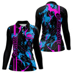 Custom Blue And Pink Strike Bowling Long Sleeve Polo Shirts Bowling Team Jerseys