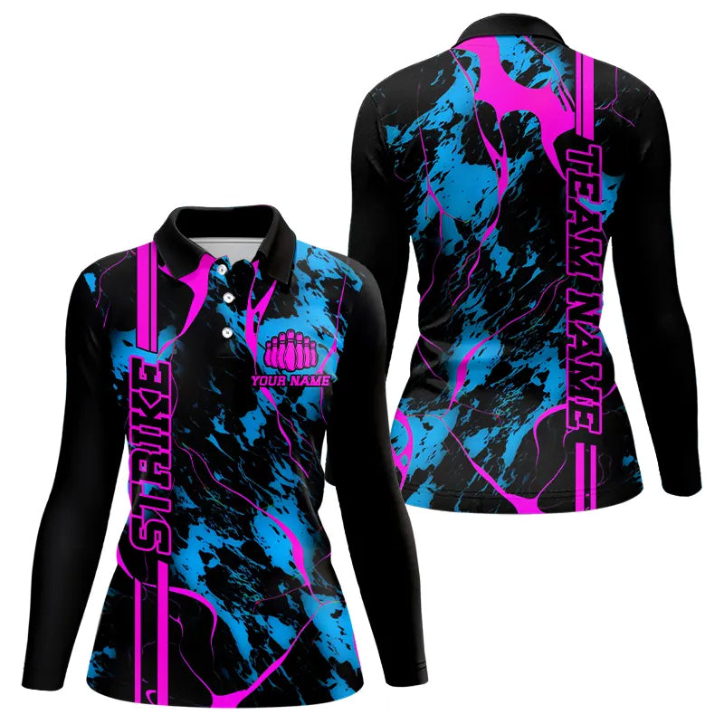 Custom Blue And Pink Strike Bowling Long Sleeve Polo Shirts Bowling Team Jerseys