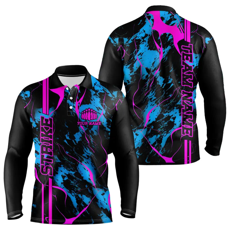 Custom Blue And Pink Strike Bowling Long Sleeve Polo Shirts Camo Bowling Team Jerseys