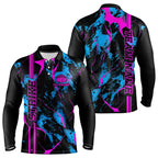 Custom Blue And Pink Strike Bowling Long Sleeve Polo Shirts Camo Bowling Team Jerseys
