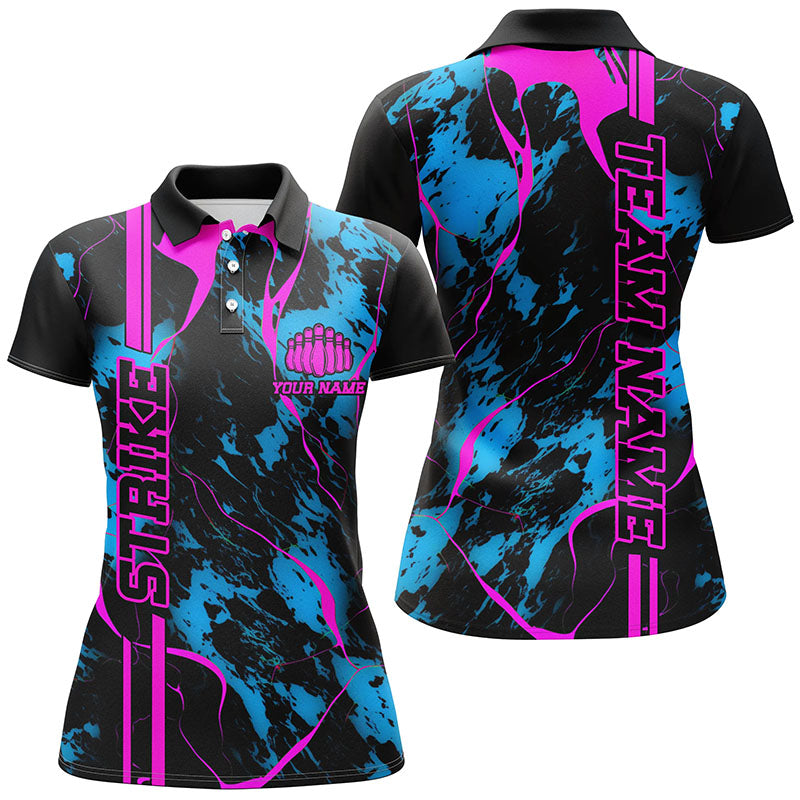 Custom Blue And Pink Strike Bowling Shirts Polo Camo Bowling Team Jerseys