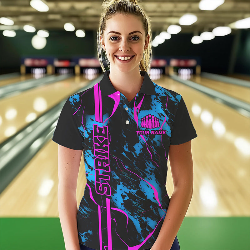 Custom Blue And Pink Strike Bowling Shirts Polo Camo Bowling Team Jerseys