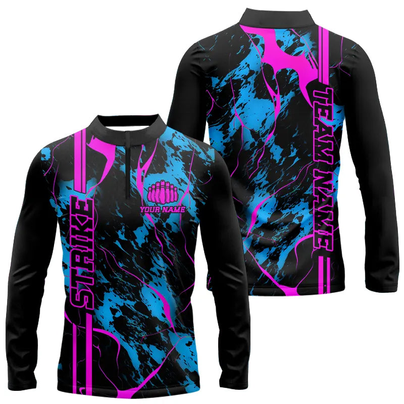 Custom Blue And Pink Strike Bowling Long Sleeve Quarter-Zip Shirts Camo Bowling Team Jerseys