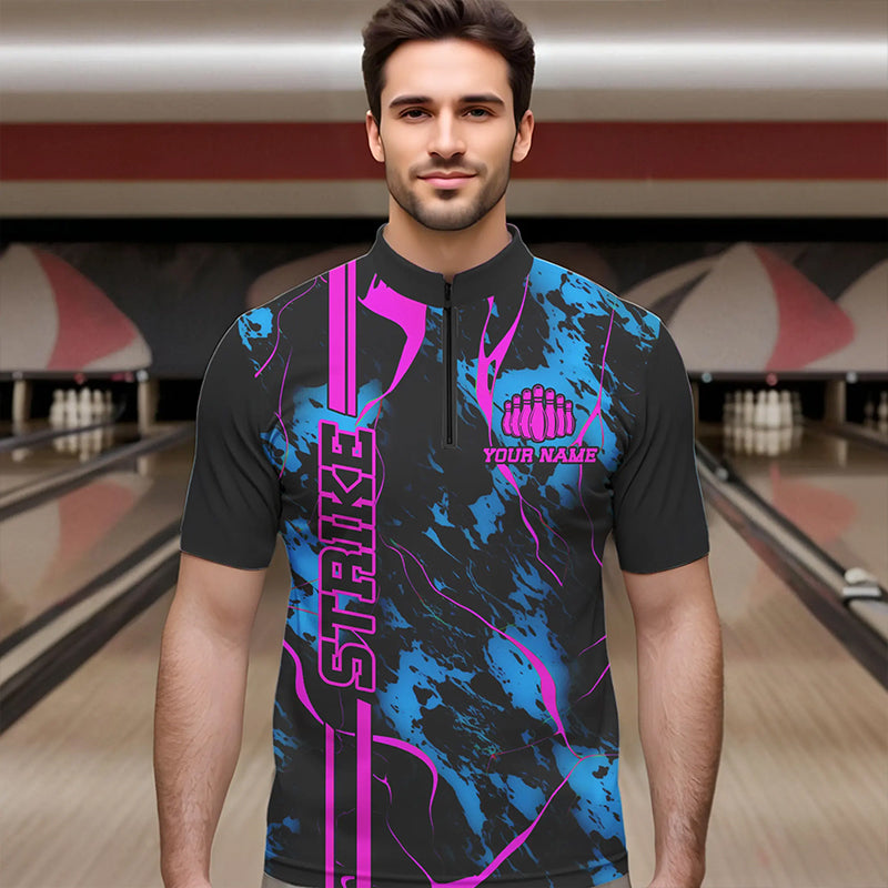 Custom Blue Pink Strike Bowling Shirts Quarter Zip Camo Bowling Team Jerseys Bowling League