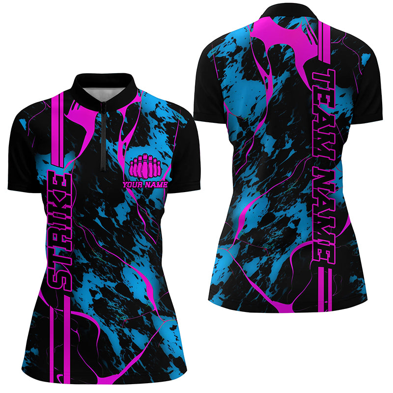 Custom Blue And Pink Strike Bowling Shirts Quarter Zip Camo Bowling Team Jerseys
