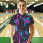 Custom Blue And Pink Strike Bowling Shirts Quarter Zip Camo Bowling Team Jerseys