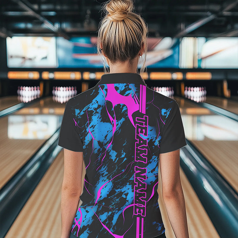 Custom Blue And Pink Strike Bowling Shirts Quarter Zip Camo Bowling Team Jerseys