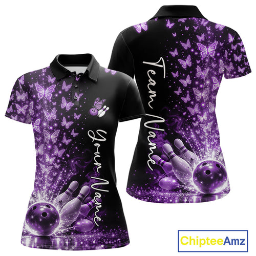 Custom Purple Butterfly Bowling Polo Shirt, Bowling League Shirt