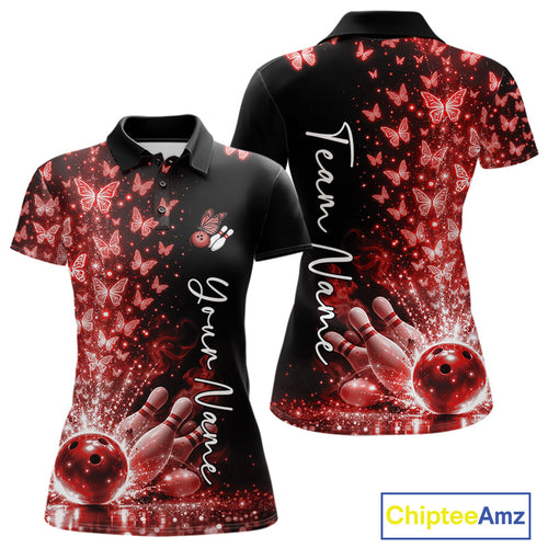 Custom Red Butterfly Bowling Polo Shirt, Bowling League Shirt