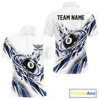 Custom White And Blue Geometric 8 Ball Billiard Polo Shirt, Billiard Jersey