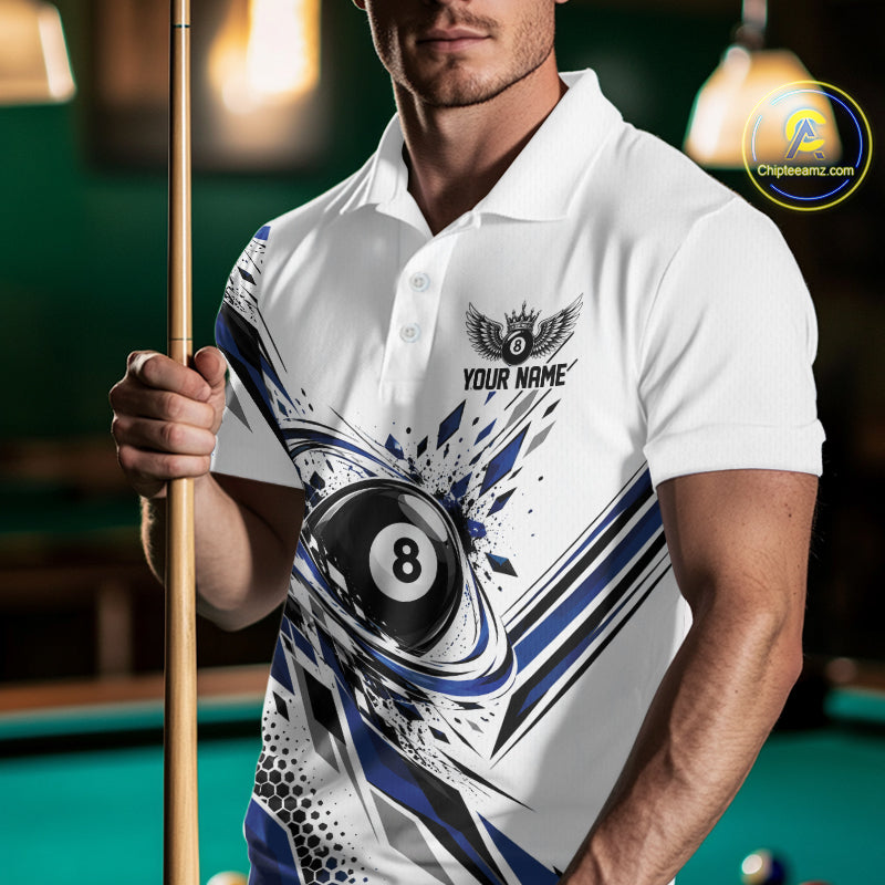Custom White And Blue Geometric 8 Ball Billiard Polo Shirt, Billiard Jersey