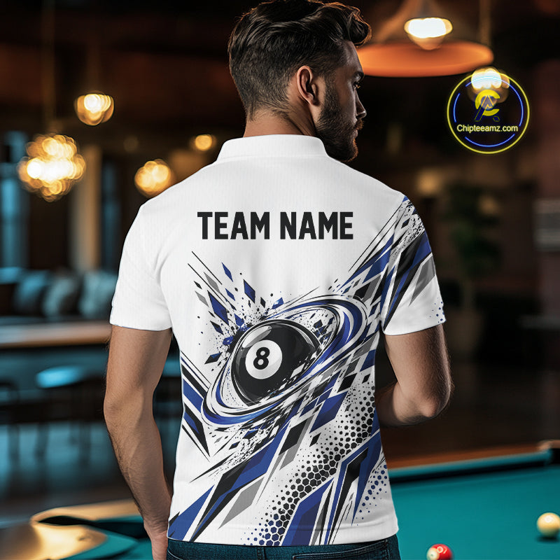 Custom White And Blue Geometric 8 Ball Billiard Polo Shirt, Billiard Jersey