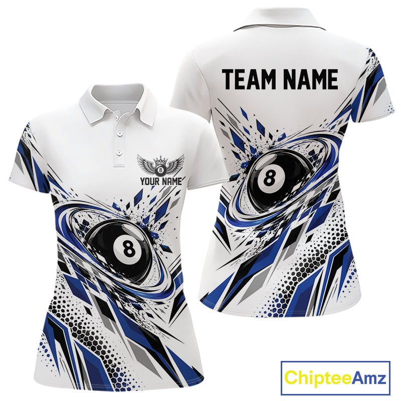 Custom White And Blue Geometric 8 Ball Billiard Polo Shirt, Billiard Jersey
