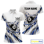 Custom White And Blue Geometric 8 Ball Billiard Polo Shirt, Billiard Jersey