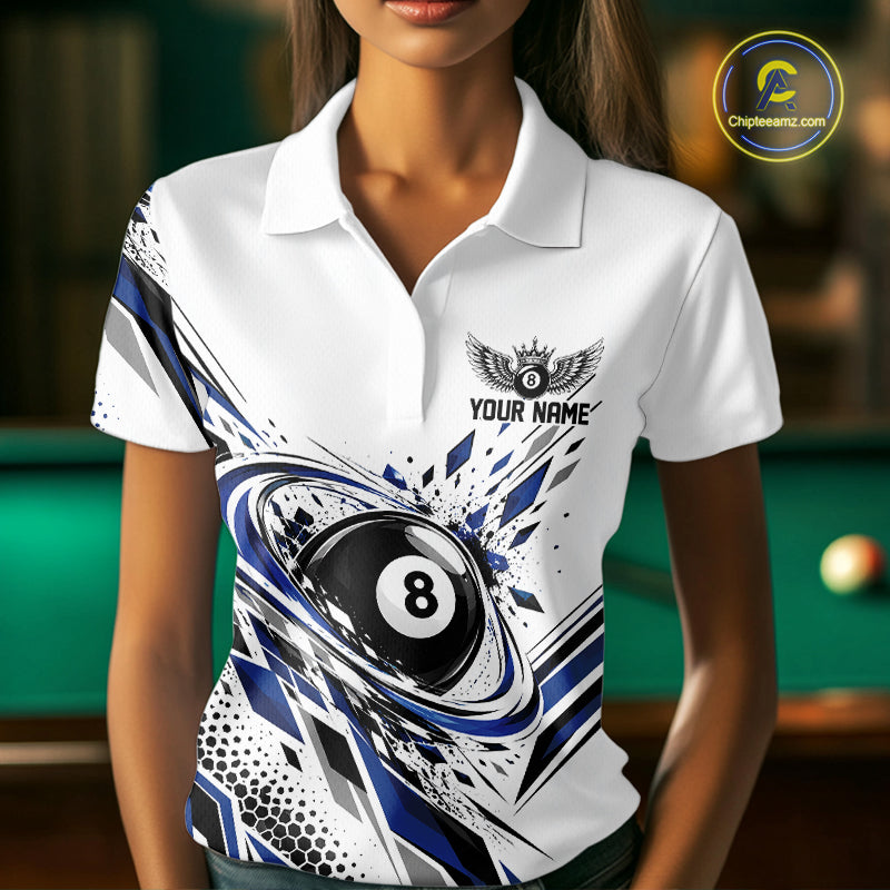 Custom White And Blue Geometric 8 Ball Billiard Polo Shirt, Billiard Jersey