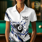 Custom White And Blue Geometric 8 Ball Billiard Polo Shirt, Billiard Jersey