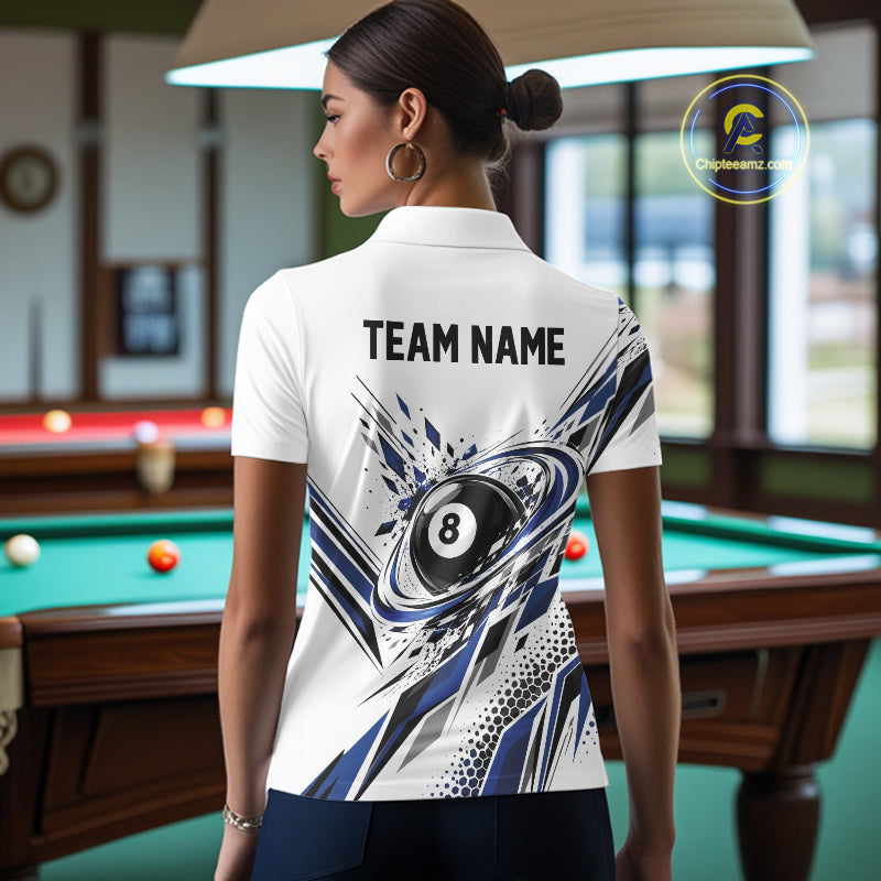 Custom White And Blue Geometric 8 Ball Billiard Polo Shirt, Billiard Jersey