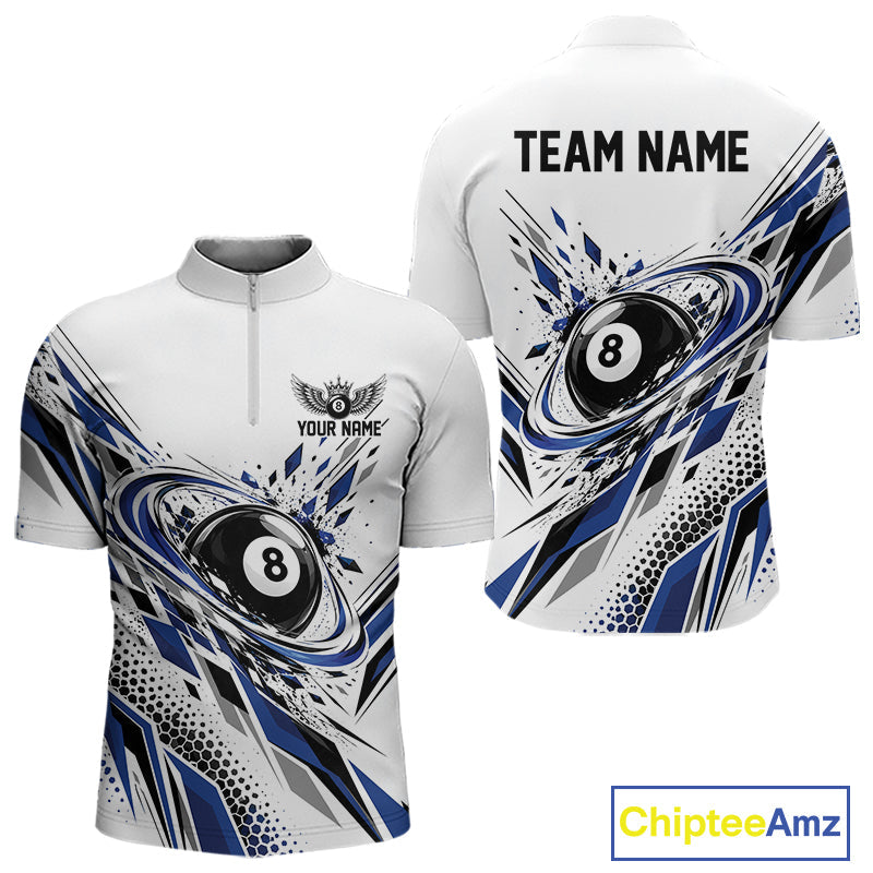 Custom White And Blue Geometric 8 Ball Billiard Quarter Zip Shirt, Billiard Jersey