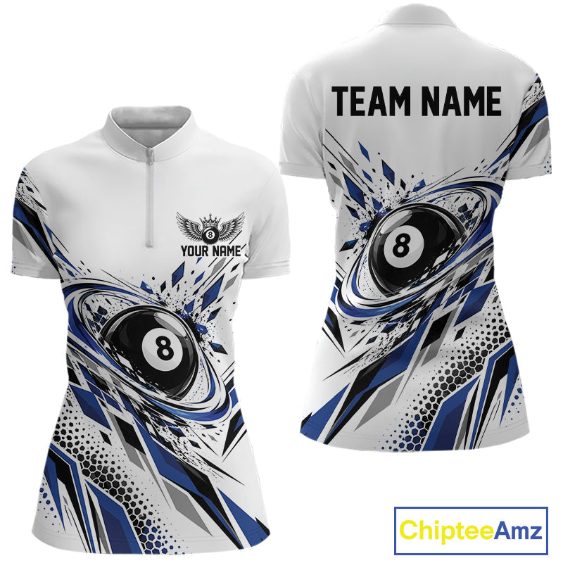 Custom White And Blue Geometric 8 Ball Billiard Quarter-Zip Shirt, Billiard Jersey