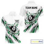 Custom White And Green Geometric 8 Ball Billiard Polo Shirt, Billiard Jersey