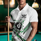 Custom White And Green Geometric 8 Ball Billiard Polo Shirt, Billiard Jersey