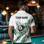 Custom White And Green Geometric 8 Ball Billiard Polo Shirt, Billiard Jersey