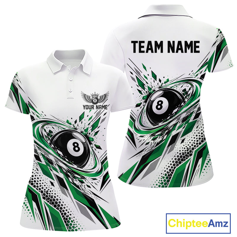 Custom White And Green Geometric 8 Ball Billiard Polo Shirt, Billiard Jersey