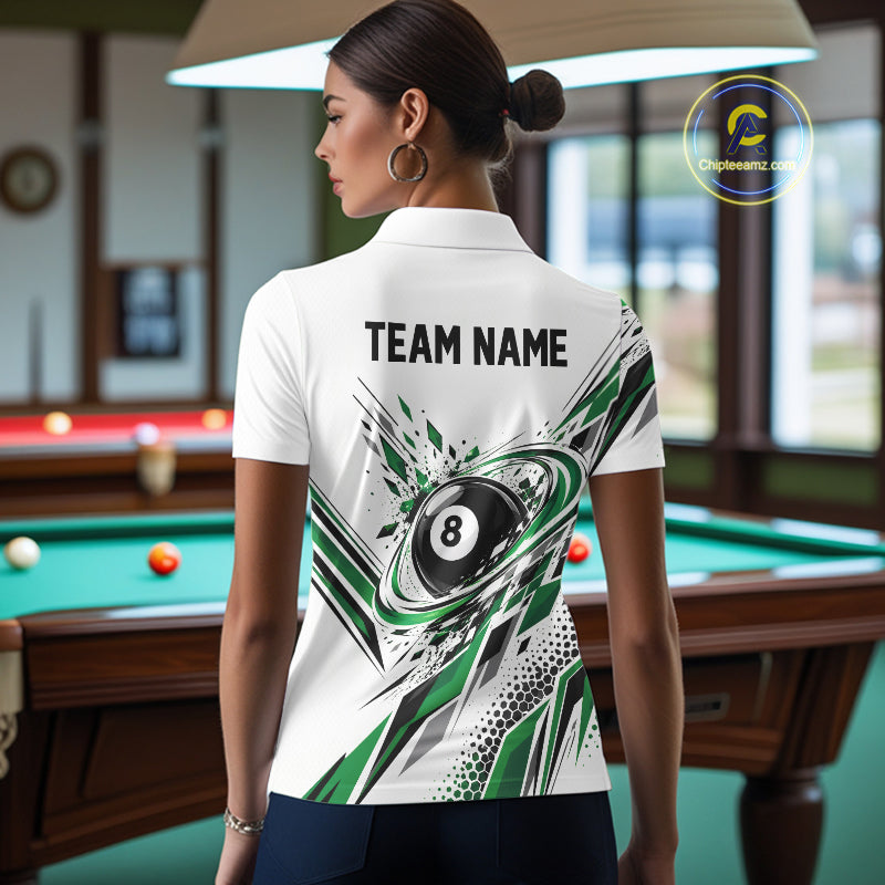 Custom White And Green Geometric 8 Ball Billiard Polo Shirt, Billiard Jersey