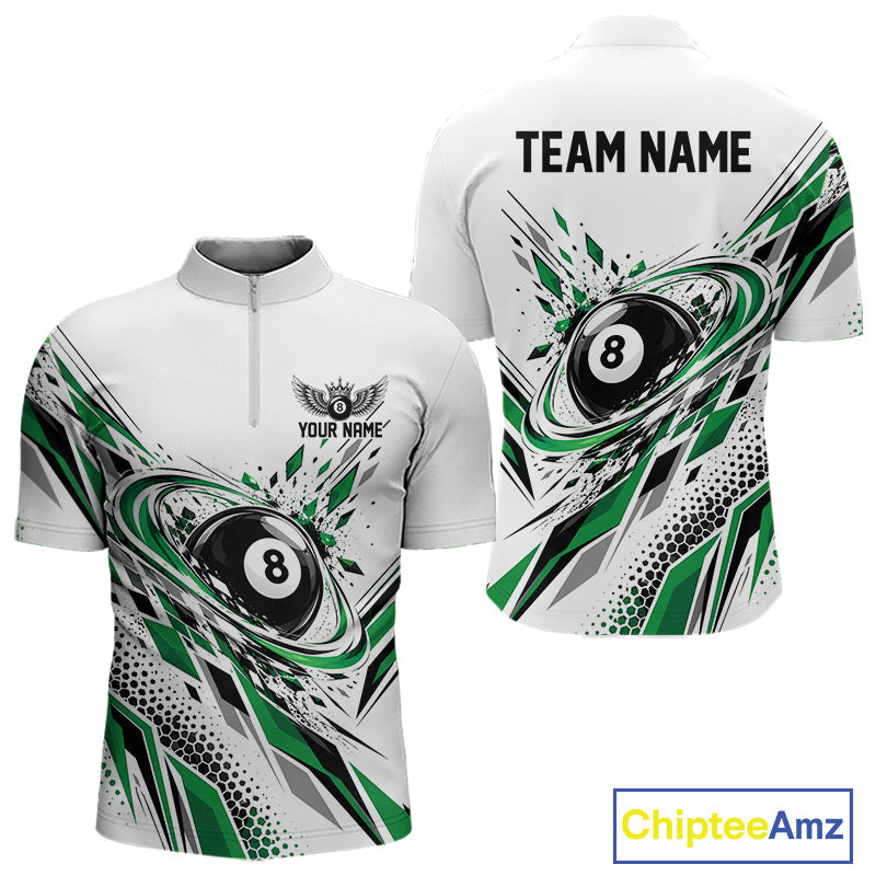 Custom White And Green Geometric 8 Ball Billiard Quarter Zip Shirt, Billiard Jersey