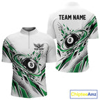 Custom White And Green Geometric 8 Ball Billiard Quarter Zip Shirt, Billiard Jersey